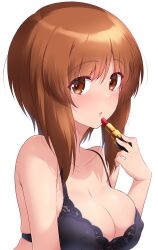 Rule 34 | 1girl, black bra, blush, bra, breasts, brown eyes, brown hair, cleavage, collarbone, commentary request, girls und panzer, highres, kuzuryuu kennosuke, large breasts, lingerie, lipstick, looking at viewer, makeup, nishizumi miho, open mouth, short hair, simple background, solo, underwear, upper body, white background