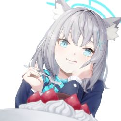 Rule 34 | 1girl, :p, animal ears, bananafish1111, birthday cake, blazer, blue archive, blue eyes, blush, cake, cross hair ornament, facing viewer, food, fork, hair ornament, halo, hand on own cheek, hand on own face, hands up, happy birthday, head rest, highres, holding, holding fork, jacket, licking lips, long hair, looking at food, looking at viewer, looking down, medium hair, mismatched pupils, scarf, school uniform, shiroko (blue archive), simple background, slit pupils, solo, strawberry cake, tongue, tongue out, upper body, white background, wolf ears, wolf girl