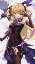 Rule 34 | 1girl, absurdres, bare shoulders, black gloves, blonde hair, breasts, brown pantyhose, brown thighhighs, closed mouth, detached sleeves, dress, elbow gloves, electricity, eyepatch, fischl (genshin impact), fishnets, garter straps, genshin impact, gloves, highres, long hair, looking at viewer, musson, oz (genshin impact), pantyhose, sidelocks, single garter strap, single leg pantyhose, single thighhigh, small breasts, smile, solo, thighhighs, two side up