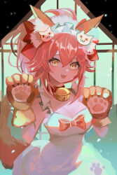 Rule 34 | 1girl, 6tree, :3, animal ear fluff, animal ears, animal hands, apron, bell, bow, breasts, cat hair ornament, choker, cleavage, fangs, fate/grand order, fate (series), fox ears, fox girl, fox tail, frilled headwear, frilled ribbon, frills, gloves, hair between eyes, hair ornament, hair ribbon, heart, heart in eye, high ponytail, highres, large breasts, light blush, looking at viewer, maid headdress, naked apron, neck bell, open mouth, paw gloves, paw print, pink bow, pink hair, red choker, red ribbon, ribbon, smile, solo, symbol in eye, tail, tamamo (fate), tamamo cat (fate), white apron, white headwear, yellow eyes