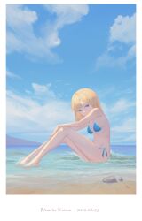 Rule 34 | 1girl, absurdres, bare arms, bare legs, bare shoulders, barefoot, beach, bikini, blonde hair, blue bikini, blue eyes, blue sky, border, breasts, character name, closed mouth, cloud, dated, day, expressionless, from side, frost 002, full body, highres, hololive, hololive english, horizon, knees up, looking at viewer, medium breasts, medium hair, mountain, multi-strapped bikini bottom, navel, ocean, outdoors, rock, shore, side-tie bikini bottom, simple bird, sitting, sky, solo, stomach, string bikini, swimsuit, turning head, virtual youtuber, water, watson amelia, white border