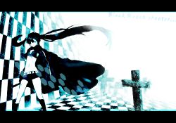 Rule 34 | 10s, 1girl, aqua eyes, aqua theme, bad id, bad pixiv id, belt, bikini, bikini top only, black hair, black rock shooter, black rock shooter (character), blue eyes, boots, checkered floor, coat, cross, female focus, flat chest, front-tie top, gloves, glowing, glowing eyes, hatsune miku, hood, hooded jacket, hoshino gyo, hoshino gyo (pixiv), jacket, katana, knee boots, latin cross, long hair, midriff, monochrome, navel, pale skin, short shorts, shorts, solo, star (symbol), swimsuit, sword, twintails, uneven twintails, very long hair, vocaloid, weapon, wind