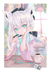 Rule 34 | 1girl, :&lt;, absurdres, ahoge, alternate costume, animal ears, aqua eyes, aqua nails, beret, blurry, braid, cable, coffee, coffee mug, cup, day, depth of field, digital media player, earbuds, earphones, elbow gloves, fingernails, fox ears, gloves, green eyes, hair ribbon, hand on own cheek, hand on own face, hanging plant, hat, highres, hololive, ipod, lavender shirt, looking at viewer, mug, nail polish, plant, potted plant, ribbon, shin murasame, shirakami fubuki, shirakami fubuki (street), short hair with long locks, sitting, solo, table, upper body, virtual youtuber, window