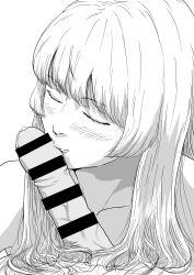 1boy 1girl blonde_hair blush closed_eyes cum erection fellatio greyscale kiss kissing_penis long_hair monochrome muroda_kei nude okaeri_alice oral simple_background white_background zosui_lizard