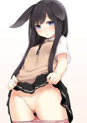 Rule 34 | 1girl, :o, animal ears, ao no neko, bar censor, black skirt, blue eyes, blush, cat ears, censored, clothes lift, contrapposto, cowboy shot, ears down, eyebrows, gluteal fold, groin, heart, heart-shaped pupils, highres, lifting own clothes, long hair, looking at viewer, original, panties, panty pull, parted lips, pink panties, pleated skirt, pussy, pussy juice, rabbit ears, shirt, short sleeves, skirt, skirt lift, solo, standing, sweatdrop, symbol-shaped pupils, underwear, white shirt