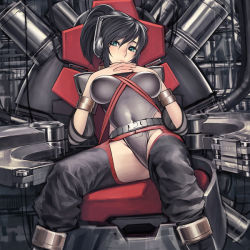 Rule 34 | 1girl, between breasts, black hair, blush, bracelet, breasts, cable, green eyes, headphones, iwai ryou, jewelry, machine, original, ponytail, science fiction, short hair, sitting, solo, technology