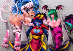 Rule 34 | 3girls, animal hands, animal print, armpits, ass, bare shoulders, bat print, bat wings, big hair, blue eyes, blue hair, blue skin, blush, blush stickers, boots, breasts, capcom, carrying, cat tail, chinese clothes, claws, cleavage, cleavage cutout, clothing cutout, colored skin, crossed legs, demon girl, elbow gloves, fangs, felicia (vampire), fingerless gloves, fur, gloves, green hair, grin, hat, head wings, huge breasts, jiangshi, large breasts, lei lei, long hair, marvel, marvel vs. capcom, marvel vs. capcom 3, morrigan aensland, multiple girls, ofuda, open mouth, pant-3, pantyhose, print legwear, qingdai guanmao, red eyes, short hair, sitting, smile, tail, vampire (game), wings, yellow eyes