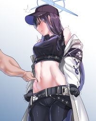Rule 34 | 1girl, absurdres, armband, arrow (symbol), bare shoulders, baseball cap, belt, black belt, black gloves, black hair, black headwear, black pants, black shirt, blue archive, blue background, blue eyes, blush, breasts, buckle, chest harness, clenched hands, closed eyes, commentary request, cowboy shot, crop top, gloves, gradient background, halo, harness, hat, highres, jacket, leggings, long hair, long sleeves, medium breasts, midriff, navel, off shoulder, open clothes, open jacket, pants, poking belly, saori (blue archive), shirt, simple background, sleeveless, sleeveless shirt, snap-fit buckle, solo focus, standing, stomach, tears, trembling, tscplayer, underbust, very long hair, white background, white jacket