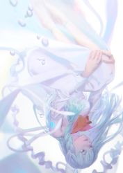 Rule 34 | 1girl, ascot, blue dress, blue hair, braid, commentary, dress, highres, long hair, long sleeves, lumi (vocaloid), parted lips, red ascot, red eyes, solo, tunapon01, upside-down, vocaloid, wide sleeves