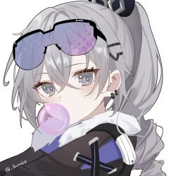 Rule 34 | 1girl, black sleeves, chewing gum, closed mouth, crossed bangs, drill hair, earrings, fur trim, goggles, goggles on head, grey eyes, grey hair, hair between eyes, high ponytail, highres, honkai: star rail, honkai (series), jewelry, light blush, looking at viewer, luna (luna610), silver wolf (honkai: star rail), simple background, single drill, solo, twitter username, upper body, white background