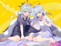 Rule 34 | 1boy, 1girl, :d, absurdres, aged down, alternate costume, aqua eyes, blue hair, brothers, eamut1, face jewel, hair between eyes, halo, head wings, highres, honkai: star rail, honkai (series), jewel under eye, long hair, on bed, open mouth, pajamas, robin (honkai: star rail), siblings, smile, sunday (honkai: star rail), very long hair, wings