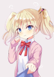 Rule 34 | 1girl, :t, alice cartelet, blonde hair, blue eyes, blush, bow, closed mouth, collared shirt, commentary request, grey background, hair between eyes, hand up, highres, hizaka, jacket, kin-iro mosaic, long sleeves, looking at viewer, open clothes, open jacket, pink jacket, pout, red bow, shirt, simple background, sleeves past wrists, solo, striped, striped bow, tears, twintails, upper body, white shirt