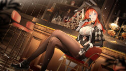 Rule 34 | 1girl, absurdres, alcohol, black gloves, blue eyes, blush, chair, character request, checkered floor, crossed legs, gloves, highres, long hair, necktie, no bra, pantyhose, red hair, smile, snowbreak: containment zone, veil, zaocan nai cha