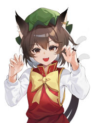 Rule 34 | 1girl, :d, animal ears, bow, brown eyes, brown hair, cat ears, cat girl, cat tail, chen, dress, earrings, fang, green hat, hands up, hat, highres, jewelry, mob cap, multiple tails, open mouth, red dress, repoi, sharp teeth, short hair, simple background, single earring, smile, solo, tail, teeth, touhou, two tails, white background, yellow bow