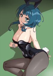 Rule 34 | 1girl, aizawa kazuha, animal ears, areola slip, arm behind back, assault lily, bare arms, bare shoulders, black leotard, black ribbon, blue eyes, blue hair, blunt bangs, breasts, brown pantyhose, cleavage, commentary, cowboy shot, detached collar, fake animal ears, fake tail, green background, large breasts, leaning to the side, leotard, light blush, long hair, looking at viewer, looking to the side, mototenn, neck ribbon, pantyhose, parted lips, playboy bunny, rabbit ears, rabbit tail, ribbon, shade, shadow, sitting, solo, strapless, strapless leotard, tail, wrist cuffs