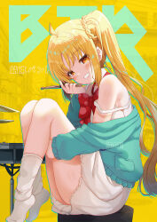 Rule 34 | 1girl, ahoge, ass, text background, bare shoulders, blonde hair, blue jacket, blush, bocchi the rock!, bow, braid, commentary request, dress, drumsticks, from side, grin, highres, hugging own legs, ijichi nijika, jacket, knees up, long hair, long sleeves, looking at viewer, looking to the side, no shoes, off shoulder, open clothes, open jacket, parted bangs, pleated dress, red bow, side ponytail, sitting, sleeveless, sleeveless dress, sleeves past wrists, smile, socks, solo, strap slip, very long hair, white dress, white socks, xephonia, yellow background