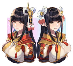 Rule 34 | 2girls, absurdres, black hair, blunt bangs, blush, breasts, fewer digits, gloves, hair ornament, highres, hinoa, japanese clothes, long hair, looking at viewer, minoto, monster hunter (series), monster hunter rise, multiple girls, pointy ears, siblings, sisters, smile, twins, uedrk yamato, yellow eyes