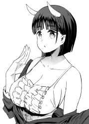 Rule 34 | 1girl, :o, bare shoulders, breasts, center frills, cleavage, collarbone, frilled shirt, frills, greyscale, h2o (ddks2923), hand up, highres, horns, jacket, kirigaya suguha, large breasts, looking at viewer, monochrome, off shoulder, pointy ears, shirt, short hair, simple background, solo, sword art online, upper body, white background