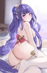 Rule 34 | 1girl, absurdres, ass, blush, breasts, commentary request, genshin impact, hair censor, hair ornament, highres, long hair, looking at viewer, medium breasts, mikazeze, purple eyes, purple hair, raiden shogun, solo, thighhighs, thighs, topless, very long hair, white thighhighs