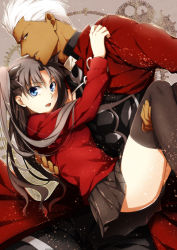 Rule 34 | 1boy, 1girl, archer (fate), blue eyes, brown hair, carrying, dark skin, dark-skinned male, fate/stay night, fate (series), gears, nina (pastime), princess carry, thighhighs, tohsaka rin, two side up, white hair