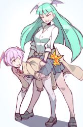 Rule 34 | 2girls, bent over, bow, bowtie, bracelet, capcom, choker, clothes around waist, dry humping, green hair, head wings, highres, humping, incest, its just suppi, jewelry, lilith aensland, morrigan aensland, multiple girls, purple hair, red eyes, shirt, shoes, siblings, sisters, skirt, sweater, sweater around waist, thighhighs, vampire (game), wings, yuri