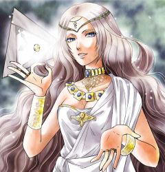 Rule 34 | 1girl, bare shoulders, blue eyes, breasts, circlet, cleavage, coin, dress, fingers together, glowing, grey hair, grin, half-closed eyes, jewelry, light particles, long hair, lots of jewelry, maya kaoruko, neck ring, necklace, outstretched hand, ring, smile, solo, time goddess, toki no megami, upper body, very long hair, wavy hair, yuusha 30