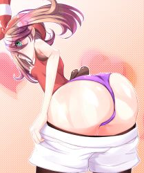 Rule 34 | 1girl, absurdres, artist request, ass, bare shoulders, blush, breasts, brown hair, cameltoe, clothes pull, creatures (company), from behind, game freak, green eyes, hair ribbon, highres, huge ass, leaning, leaning forward, may (pokemon), may (pokemon oras), nintendo, panties, pokemon, pokemon oras, ribbon, shiny skin, short hair with long locks, short shorts, shorts, shorts pull, sideboob, solo, underwear