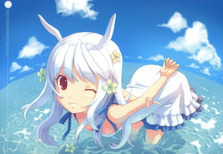 Rule 34 | 1girl, animal ears, arched back, bow, cloud, day, djmax, djmax portable, djmax technika, downblouse, dress, flat chest, flower, h2so4, hair flower, hair ornament, highres, lace, long hair, ocean, one eye closed, original, red eyes, ribbon, silver hair, sky, smile, solo, suee, water, wink