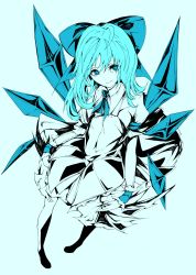 Rule 34 | 1girl, ahoge, alternate hairstyle, aqua theme, ascot, blue eyes, blue hair, blue theme, bow, cirno, dress, eyelashes, hair bow, high contrast, highres, ice, ice wings, long hair, matching hair/eyes, millipen (medium), mixed media, monochrome, nib pen (medium), perspective, short hair, simple background, smile, solo, spot color, touhou, traditional media, wings, wrist cuffs, yutapon