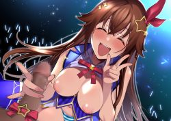 Rule 34 | 1girl, bare shoulders, blue vest, blush, breasts, brown hair, censored, closed eyes, clothes lift, collared shirt, diamond hair ornament, erection, hair flaps, hair ornament, hair ribbon, hairclip, handjob, highres, hololive, idol, large breasts, long hair, looking at viewer, mizuta marixxx, mosaic censoring, navel, neck ribbon, nipples, open clothes, open mouth, open vest, panties, penis, penis ribbon, pov, red ribbon, ribbon, shirt, shirt lift, skirt, sleeveless, sleeveless shirt, smile, solo focus, star (symbol), star hair ornament, striped clothes, striped panties, tokino sora, tokino sora (1st costume), underwear, v, vest, virtual youtuber, white shirt