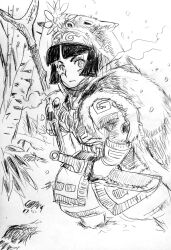 Rule 34 | 1girl, ainu clothes, armor, breasts, fingerless gloves, gloves, hair ribbon, highres, legs, long hair, looking at viewer, monochrome, nakoruru, pants, ribbon, samurai spirits, small breasts, snk, snow, solo, thighs, traditional media, weapon