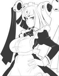 Rule 34 | 1girl, absurdres, android, breasts, gynoid, highres, large breasts, maid, mecha girl, monochrome, robot, robot girl, solo, twintails, vermana