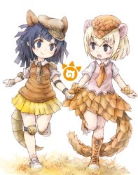 Rule 34 | 2girls, armadillo ears, armadillo tail, armor, blonde hair, blue eyes, blue hair, blush, boots, cabbie hat, collared shirt, commentary request, elbow pads, extra ears, full body, giant armadillo (kemono friends), giant pangolin (kemono friends), hat, highres, holding hands, japari symbol, kemono friends, knee pads, kolshica, multiple girls, necktie, pangolin ears, pangolin tail, pleated skirt, scales, shirt, shoes, short hair, short sleeves, skirt, sneakers, vest, wrist cuffs