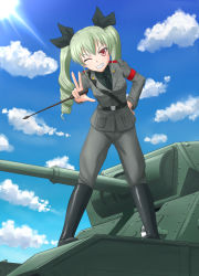 Rule 34 | 10s, 1girl, anchovy (girls und panzer), anzio military uniform, carro armato p40, cloud, day, drill hair, girls und panzer, green hair, highres, kayama kouji, military, military vehicle, motor vehicle, necktie, one eye closed, pants, red eyes, shirt, sky, smile, solo, standing, sun, tank, twin drills, v