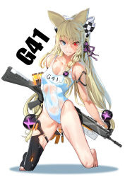 Rule 34 | 1girl, alternate hairstyle, animal ears, arm strap, assault rifle, bad id, bad pixiv id, black gloves, blonde hair, blue eyes, blush, braid, breasts, character name, checkered ribbon, cleavage, collarbone, covered navel, crossed bangs, fang, fang out, full body, g41 (beach punk 2064) (girls&#039; frontline), g41 (girls&#039; frontline), girls&#039; frontline, gloves, groin, gun, h&amp;k g41, hair between eyes, hair ornament, hair ribbon, heterochromia, highres, holding, holding gun, holding weapon, ihobus, kneeling, long hair, looking at viewer, low twintails, official alternate costume, one-piece swimsuit, red eyes, ribbon, rifle, school swimsuit, side braid, simple background, single thighhigh, small breasts, smile, solo, swimsuit, symbol-shaped pupils, thighhighs, twintails, very long hair, weapon, wet, white background, white one-piece swimsuit, white ribbon