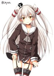 Rule 34 | 10s, 1girl, amatsukaze (kancolle), black panties, blush, brown eyes, dress, garter straps, kantai collection, long hair, looking at viewer, panties, panty pull, red thighhighs, sailor dress, school uniform, serafuku, short dress, side-tie panties, silver hair, simple background, smile, solo, striped clothes, striped thighhighs, thighhighs, thighs, twintails, two side up, underwear, white background, yua (checkmate)