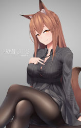 Rule 34 | 1girl, :q, absurdres, animal ear fluff, animal ears, arknights, belt, black belt, black pantyhose, black shirt, black skirt, breasts, brown eyes, brown hair, button gap, collared shirt, copyright name, crossed legs, dated, desk, dress shirt, fox ears, fox tail, franka (arknights), grey background, hair between eyes, half updo, hand on own chest, heart, heart-shaped pupils, highres, large breasts, long hair, long sleeves, looking at viewer, miniskirt, no bra, on desk, open clothes, open shirt, panties, panties under pantyhose, pantyhose, pinstripe pattern, pinstripe shirt, shirt, sitting, skirt, solo, striped, suzishi ovo, symbol-shaped pupils, tail, thighband pantyhose, thighs, tongue, tongue out, underwear