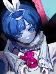 Rule 34 | 1girl, :o, aoao suke, blank stare, blue eyes, blue hair, bow, chair, collarbone, dress, empty eyes, food, frilled dress, frilled sleeves, frills, from above, hair bow, hands on table, highres, horror (theme), indie utaite, linked sausages, looking at viewer, looking up, mirror, pale skin, plate, sausage, short hair, sitting, solo, table, unnamed girl (x0o0x), utaite, white bow, white dress