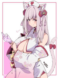 Rule 34 | 1girl, adjusting clothes, adjusting gloves, animal ears, bare shoulders, blush, bow, breast curtains, breasts, cat ears, cat tail, cleavage, closed mouth, cowboy shot, detached sleeves, floral print, gloves, hair bow, hat, heart, heterochromia, highres, indie virtual youtuber, kichihachi, large breasts, light purple hair, long hair, long sleeves, looking at viewer, medium bangs, mole, mole on breast, nurse cap, smile, solo, tail, tail bow, tail ornament, tenshouin himeno, virtual youtuber, wide sleeves