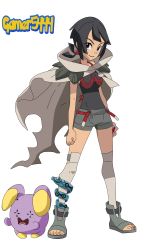 Rule 34 | 1girl, absurdres, artist name, black hair, black shirt, blouse, bob cut, boots, breasts, cape, clenched hand, creatures (company), dark skin, derivative work, female focus, game freak, gen 3 pokemon, highres, holding, legs, looking at viewer, nintendo, pokemon, pokemon (creature), pokemon oras, red eyes, sandals, shirt, short hair, short ponytail, short shorts, shorts, simple background, sleeveless, sleeveless shirt, smirk, standing, thighs, toeless footwear, toenails, toes, whismur, white background, zinnia (pokemon)