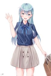 Rule 34 | 10s, 1girl, alternate costume, alternate eye color, aqua hair, bag, blouse, blue eyes, blue shirt, blush, breasts, collared shirt, commentary request, cowboy shot, grey skirt, hair between eyes, hair ornament, hairclip, hand up, highres, holding, holding bag, kantai collection, long hair, long skirt, medium breasts, open mouth, shirt, short sleeves, simple background, skirt, solo, suzuya (kancolle), upper body, waving, white background, yukai nao