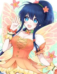 Rule 34 | 1girl, :d, blue eyes, blue hair, braid, breasts, butterfly wings, cleavage, collarbone, dress, fake wings, fire emblem, fire emblem: the sacred stones, fire emblem heroes, flower, hair flower, hair ornament, highres, insect wings, misato hao, nintendo, open mouth, pegasus knight uniform (fire emblem), ponytail, short sleeves, side braids, smile, tana (fire emblem), twin braids, wings, wrist cuffs