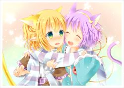 Rule 34 | 2girls, animal ears, bad id, bad pixiv id, blonde hair, blush, border, cat ears, cat girl, cat tail, extra ears, closed eyes, female focus, green eyes, hairband, happy, komeiji satori, mizuhashi parsee, multiple girls, pink hair, pointy ears, scarf, shared clothes, shared scarf, short hair, string, striped, tail, tirudonyomo, touhou, wavy mouth, wide sleeves