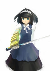 Rule 34 | 1girl, bad id, bad pixiv id, black hair, blush, boxcutter, dress, floating hair, g tong, green eyes, looking at viewer, maid, maid headdress, mechanical arms, outstretched arm, short hair, single mechanical arm, smile, solo, standing, sword, weapon, white background