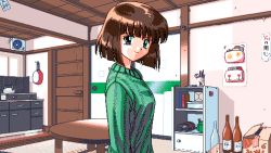 Rule 34 | 1girl, 4bpp, bottle, brown hair, frying pan, game cg, indoors, only you, pc98, retro artstyle, short hair, solo, sweater, table