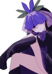 Rule 34 | 1girl, absurdres, black footwear, black gloves, black hair, boots, closed mouth, commentary request, dress, elbow gloves, feet out of frame, flower, flower on head, gloves, highres, leaf, leaf on head, long hair, looking at viewer, one eye covered, orchid, puffy short sleeves, puffy sleeves, purple dress, purple eyes, purple flower, shishidonagi, short sleeves, simple background, smile, solo, touhou, veil, very long hair, white background, yomotsu hisami