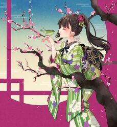 Rule 34 | 1girl, animal, back bow, bell, bird, blunt bangs, blush, bow, breasts, brown hair, cherry blossoms, closed eyes, closed mouth, commentary request, flower, green kimono, hair flower, hair ornament, highres, holding, holding animal, holding bird, japanese clothes, jingle bell, kimono, long hair, nekozuki yuki, obi, original, pink nails, ponytail, sash, small breasts, tree
