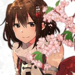 Rule 34 | 1girl, bare shoulders, black neckerchief, blurry, blurry foreground, blush, brown eyes, brown hair, cherry blossoms, closed mouth, depth of field, elbow gloves, gloves, hair between eyes, hair ornament, kantai collection, looking at viewer, neckerchief, obi, rinto (rint rnt), sash, scarf, school uniform, sendai (kancolle), sendai kai ni (kancolle), serafuku, smile, solo, tassel