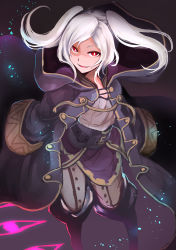 Rule 34 | 1girl, absurdres, commentary request, corruption, dark background, dark persona, evil grin, evil smile, fire emblem, fire emblem awakening, fire emblem heroes, glowing, grima (fire emblem), grin, highres, long sleeves, looking at viewer, medium hair, nakabayashi zun, nintendo, red eyes, robe, robin (female) (fire emblem), robin (fire emblem), shaded face, smile, solo, twintails, white hair