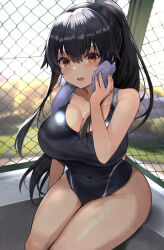 Rule 34 | 1girl, bad anatomy, bare arms, bare shoulders, black hair, black one-piece swimsuit, blush, breasts, chain-link fence, cleavage, commentary request, competition swimsuit, covered navel, fence, highres, holding, holding towel, kantai collection, kihou no gotoku dmc, large breasts, long hair, looking at viewer, one-piece swimsuit, open mouth, orange eyes, outdoors, ponytail, sitting, solo, swimsuit, thighs, towel, very long hair, yahagi (kancolle)